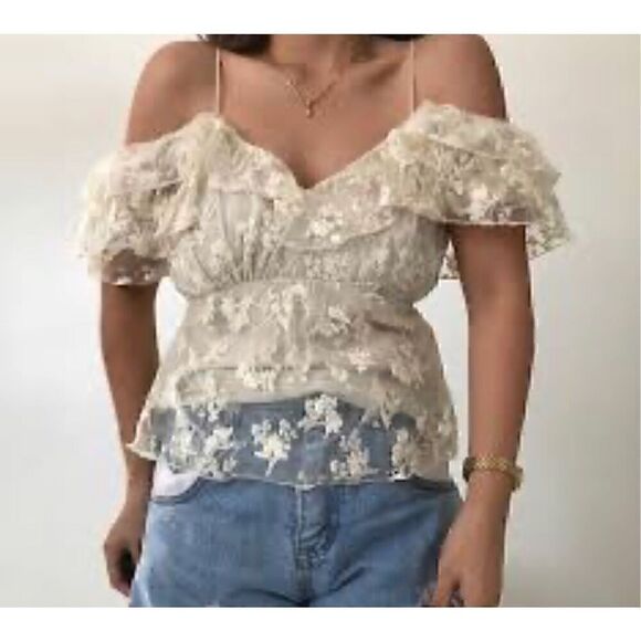 Zara Embroidered Ruffle Off Shoulder Lace Top Blouse Size XS Cream - Picture 1 of 14